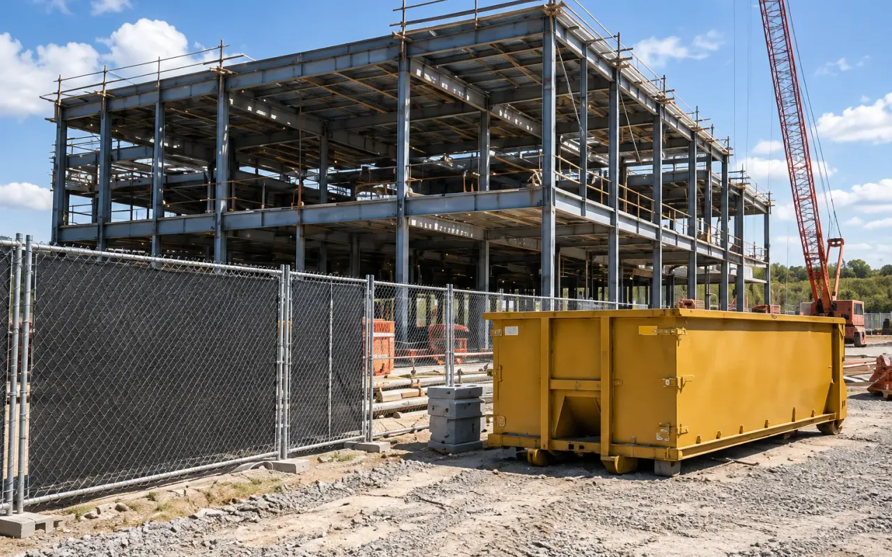 Coordinated construction jobsite with temporary fencing and a roll-off dumpster in front of a steel building frame