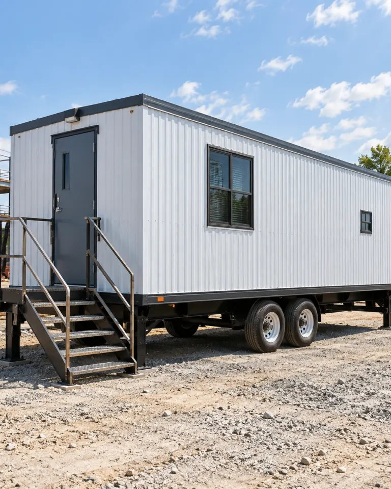 Mobile office trailer with entry stairs on a jobsite