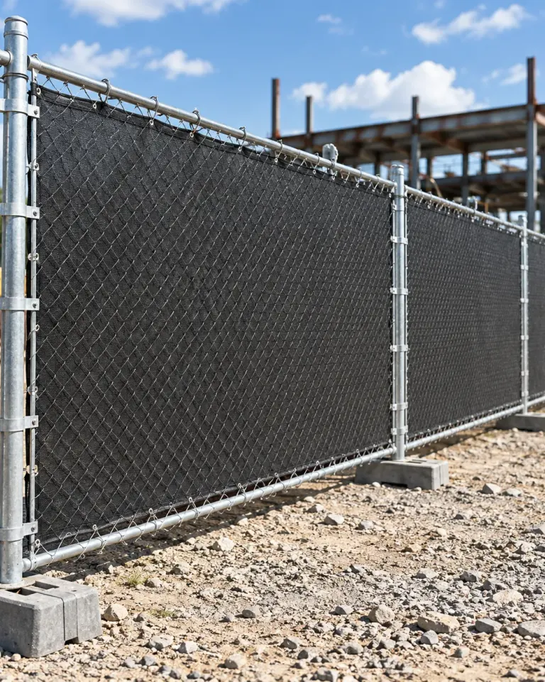 Temporary chain-link fence with privacy screen around a jobsite