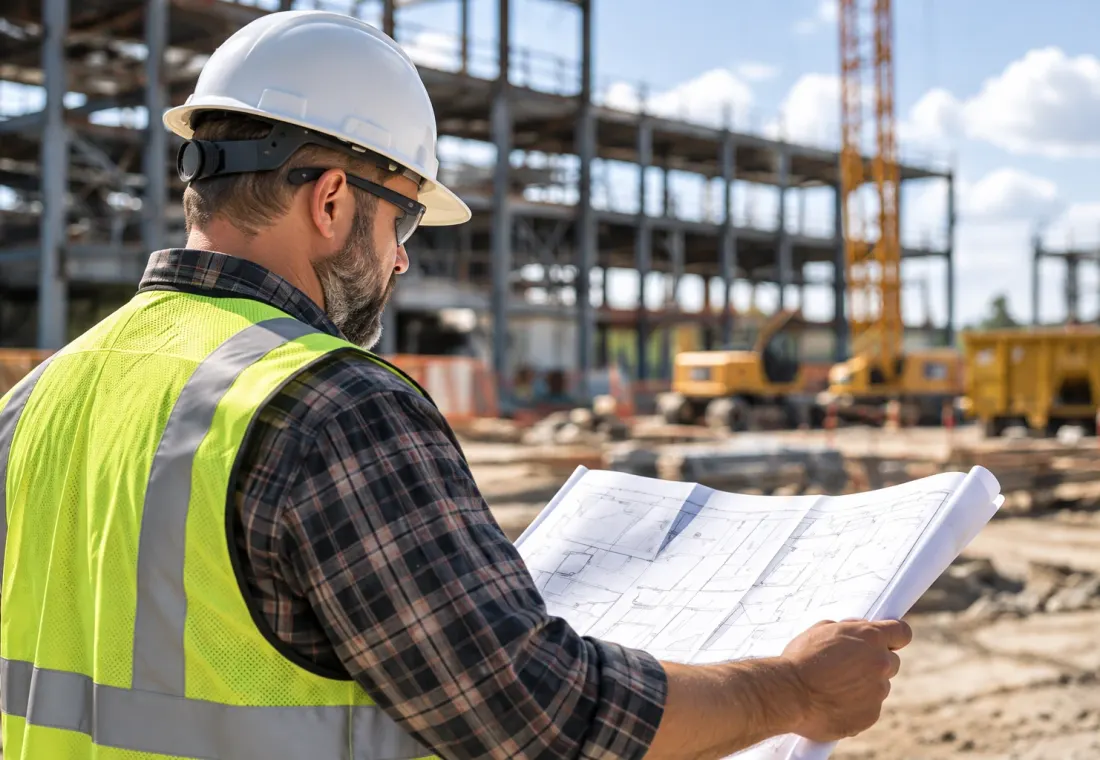 Construction supervisor in a hi-vis vest reviewing blueprints on an active jobsite